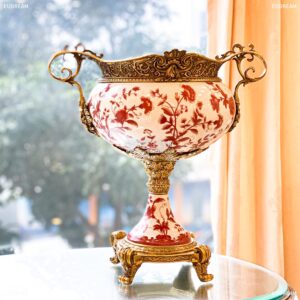 手繪紅花 聚寶盆<br>高溫瓷+銅件</br>