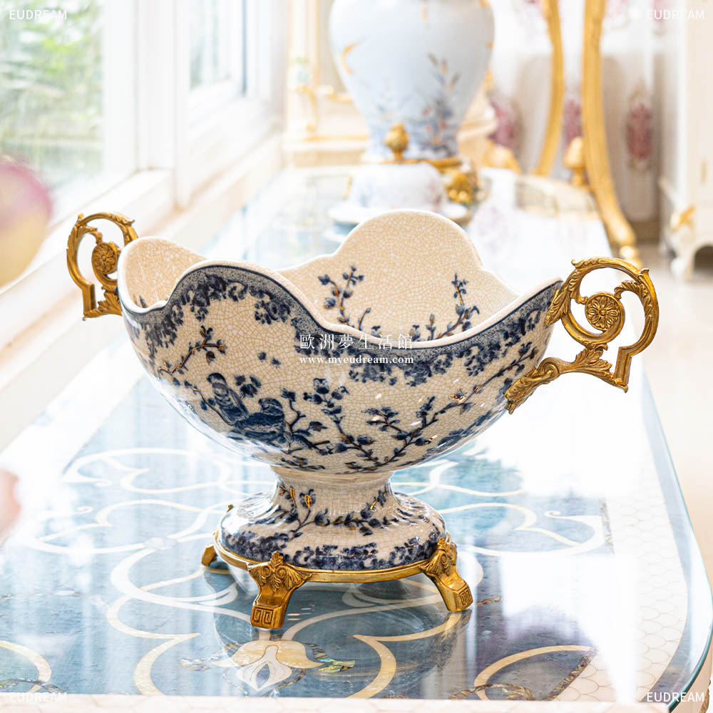 金絲青花 聚寶盆<br>高溫瓷+銅件</br>