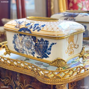 金絲藍韻 紙巾盒<br>高溫瓷+銅件</br>