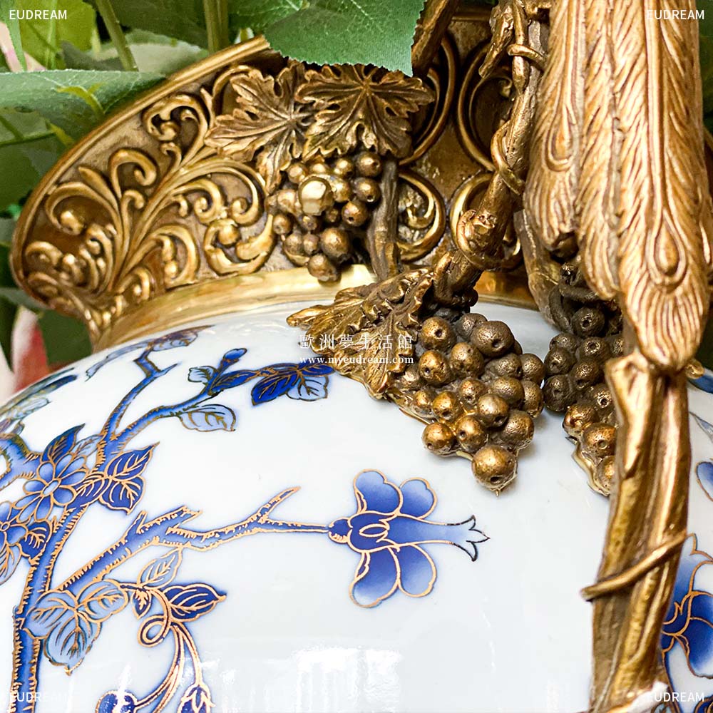 金絲藍雀 雙耳花瓶<br>高溫瓷+銅件</br>:圖片 4