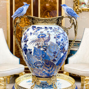 金絲藍雀 雙耳花瓶<br>高溫瓷+銅件</br>