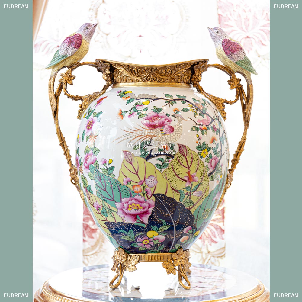 繽紛花卉 雙耳花瓶<br>琺瑯彩+銅件</br>